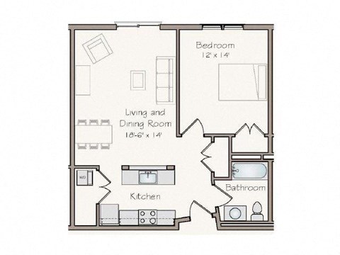Floor plan for 1 bed, 1 bath, 686 sqft